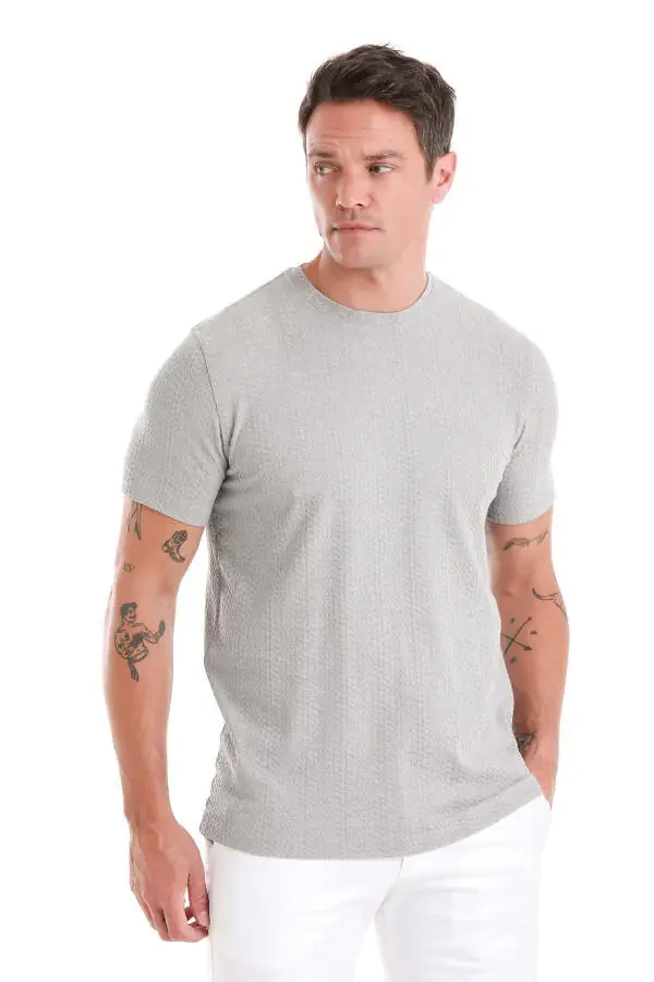 Gray Regular Fit Jacquard Crew Neck T-shirt - 3