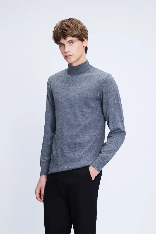 Gray Regular Fit Plain Half Turtleneck Wool Knit - 1