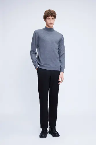 Gray Regular Fit Plain Half Turtleneck Wool Knit - HATEMOĞLU (1)