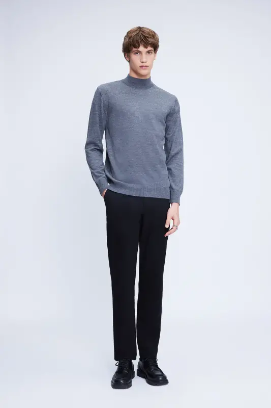 Gray Regular Fit Plain Half Turtleneck Wool Knit - 2