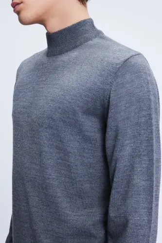 Gray Regular Fit Plain Half Turtleneck Wool Knit - 4