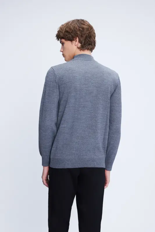 Gray Regular Fit Plain Half Turtleneck Wool Knit - 5