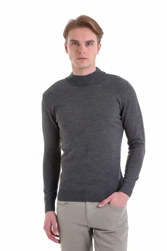 Gray Regular Fit Plain Half Turtleneck Wool Knitwear K - HATEMOĞLU