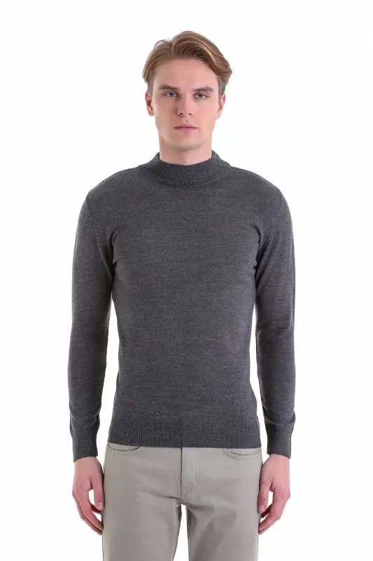Gray Regular Fit Plain Half Turtleneck Wool Knitwear K - 3