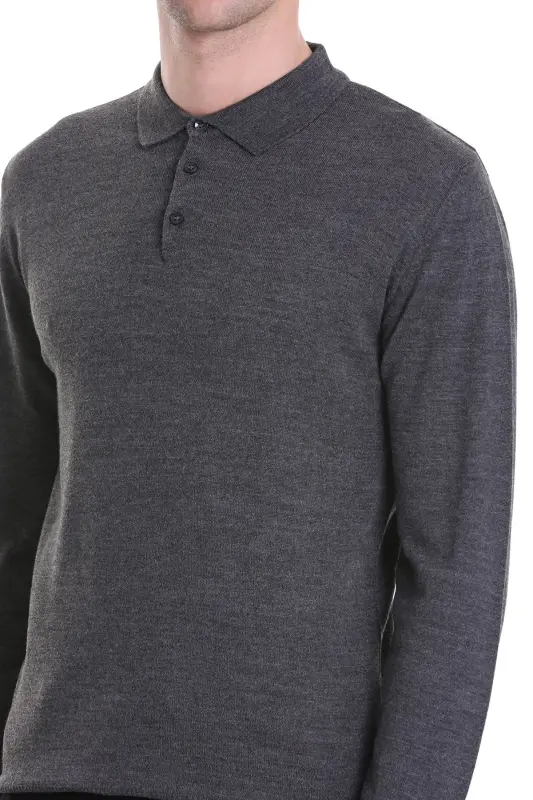 Gray Regular Fit Plain Polo Neck Knitwear Sweater-Gray - 6