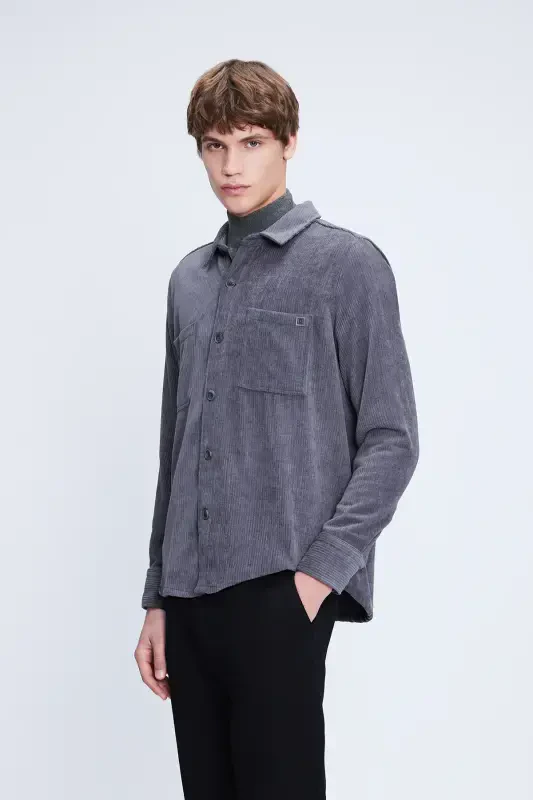 Gray Shacket Comfort Fit Long Sleeve Ribbed Velvet - HATEMOĞLU
