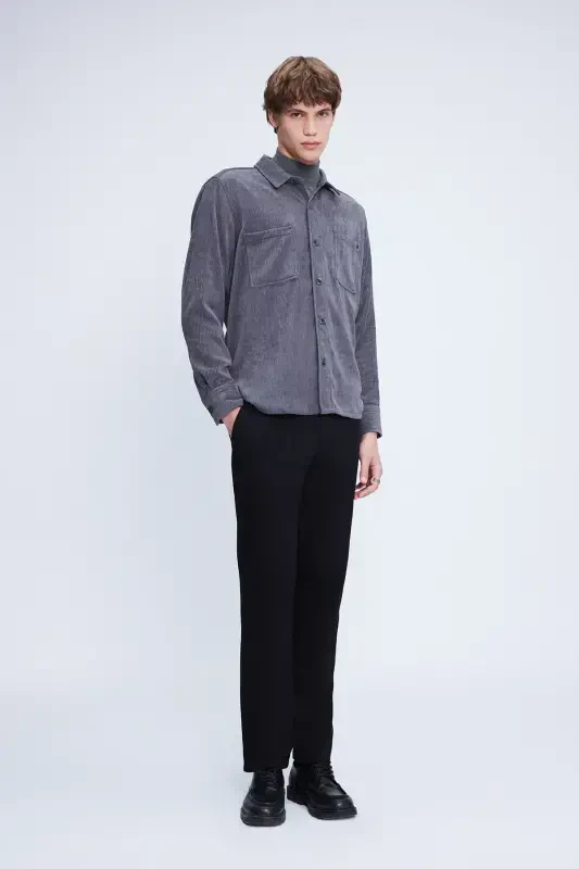 Gray Shacket Comfort Fit Long Sleeve Ribbed Velvet - 2