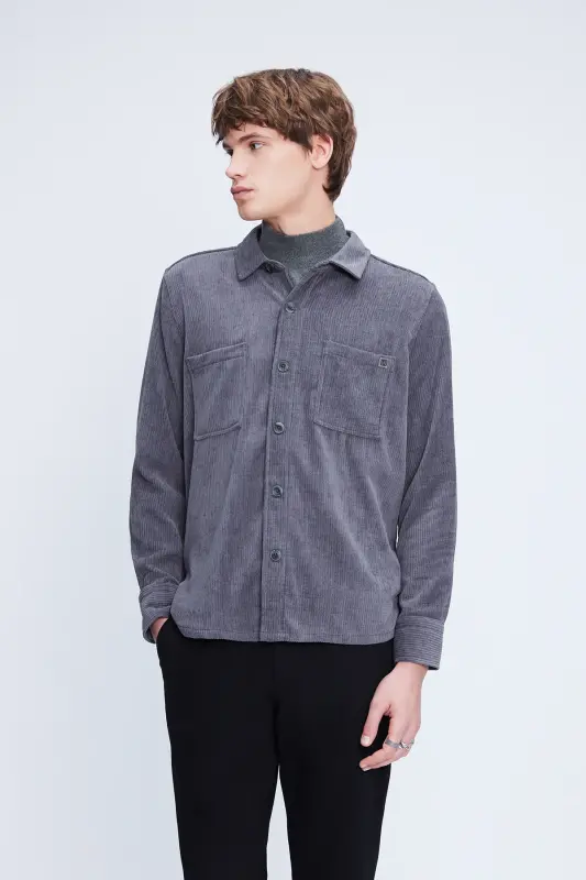 Gray Shacket Comfort Fit Long Sleeve Ribbed Velvet - 3