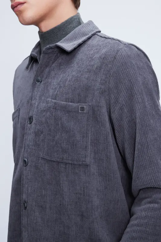 Gray Shacket Comfort Fit Long Sleeve Ribbed Velvet - 4