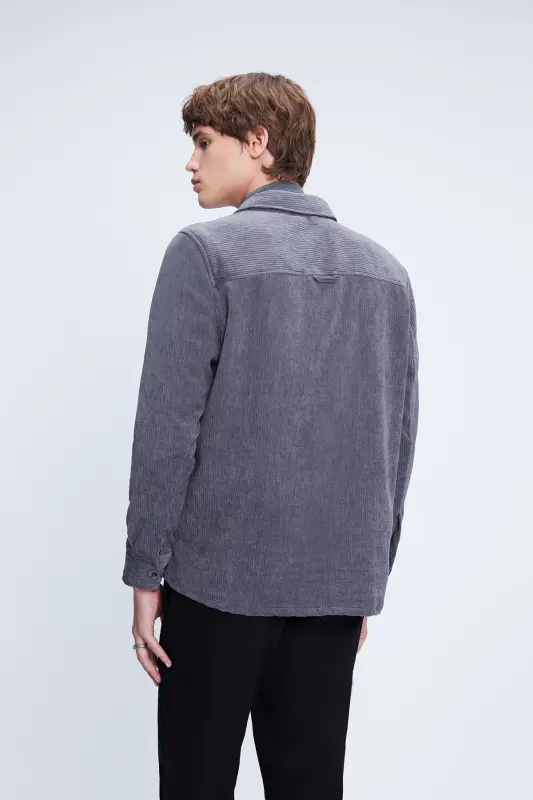 Gray Shacket Comfort Fit Long Sleeve Ribbed Velvet - 5