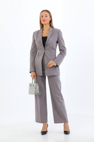 Gray Single Button Blazer Jacket Palazzo Pants Set with Belt Pockets 