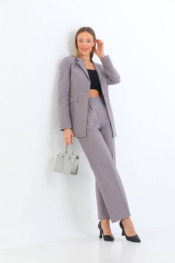 Gray Single Button Blazer Jacket Palazzo Pants Set with Belt Pockets - 4