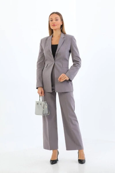 Gray Single Button Blazer Jacket Palazzo Pants Set with Belt Pockets - DIAVES ORIGINAL DESIGNS