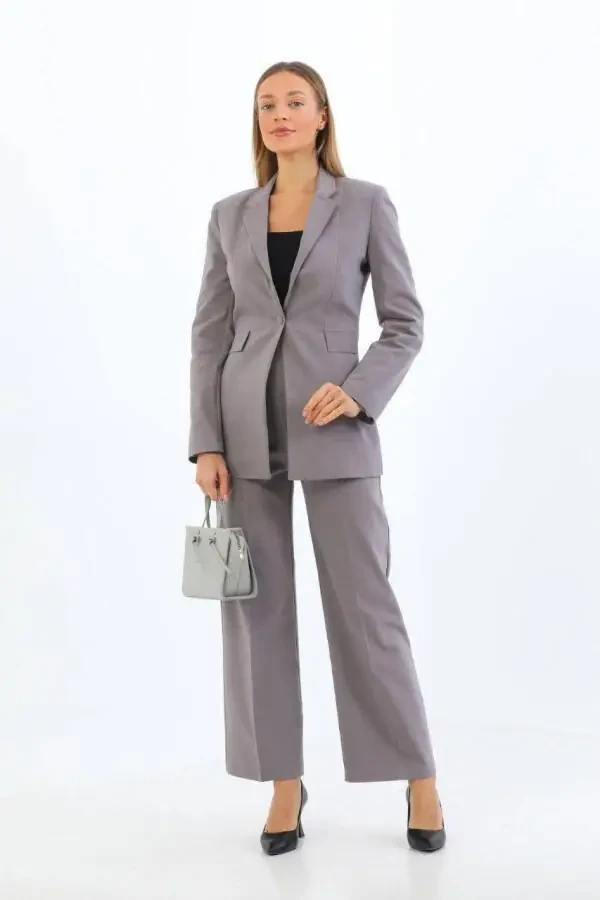 Gray Single Button Blazer Jacket Palazzo Pants Set with Belt Pockets - 1