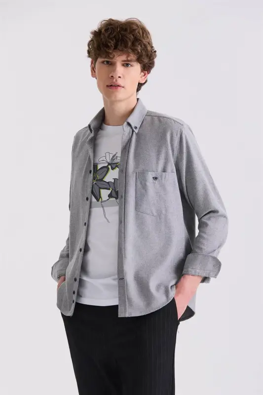 Gray Slim Fit Button-Down Collar Cotton Shirt With Pocket - JAKAMEN