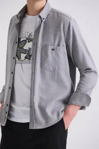 Gray Slim Fit Button-Down Collar Cotton Shirt With Pocket - 3