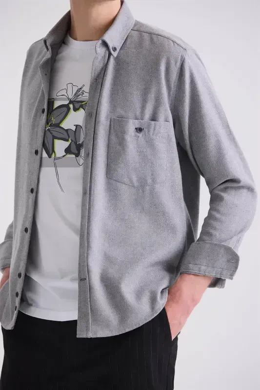 Gray Slim Fit Button-Down Collar Cotton Shirt With Pocket - 3