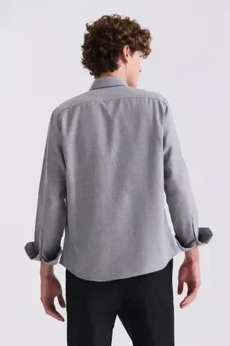 Gray Slim Fit Button-Down Collar Cotton Shirt With Pocket - 4