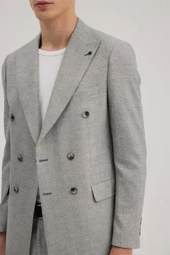 Gray Slim Fit Checkered Double-Breasted Suit - 1