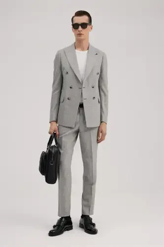 Gray Slim Fit Checkered Double-Breasted Suit - 3