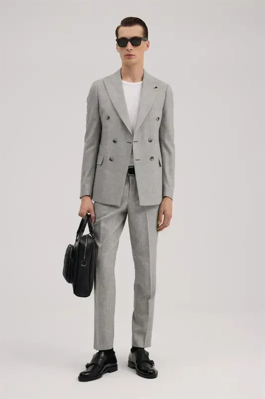 Gray Slim Fit Checkered Double-Breasted Suit - 3