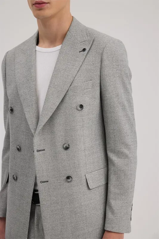 Gray Slim Fit Checkered Double-Breasted Suit - 1