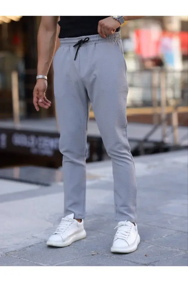 Gray Slim Fit Drawstring, Elastic Waist Straight Leg, Textured Men's Jogger Pants - 4