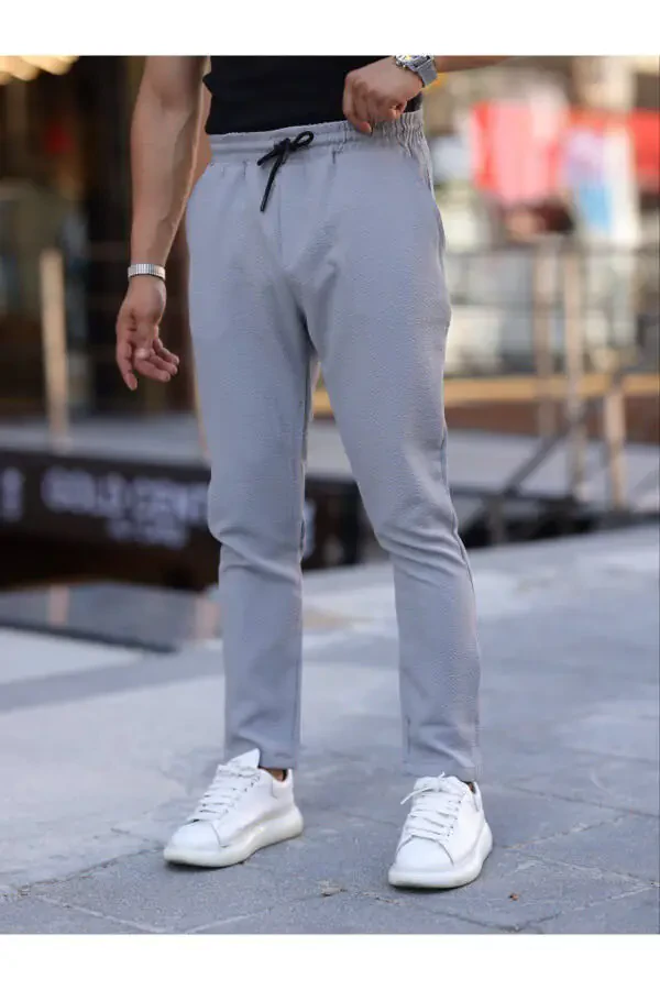 Gray Slim Fit Drawstring, Elastic Waist Straight Leg, Textured Men's Jogger Pants - 1