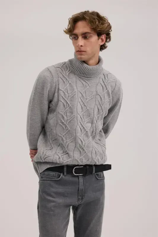 Gray Slim Fit Full Turtleneck Knit Sweater - 1