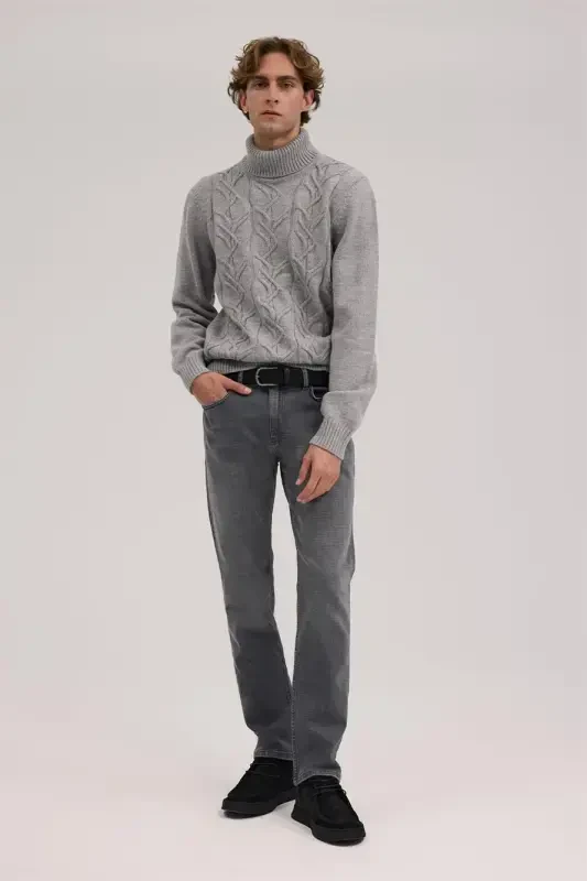 Gray Slim Fit Full Turtleneck Knit Sweater - 2