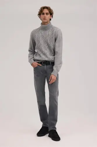 Gray Slim Fit Full Turtleneck Knit Sweater - JAKAMEN (1)