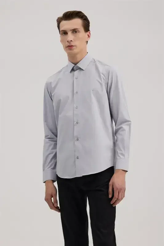 Gray Slim Fit Italian Collar Classic Tie-Ready Cotton Shirt - 2
