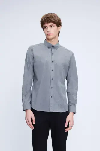Gray Slim Fit Long Sleeve Button-Down Collar Cotton Shirt-Gray - 1