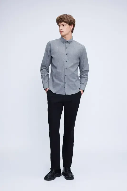Gray Slim Fit Long Sleeve Button-Down Collar Cotton Shirt-Gray - 2