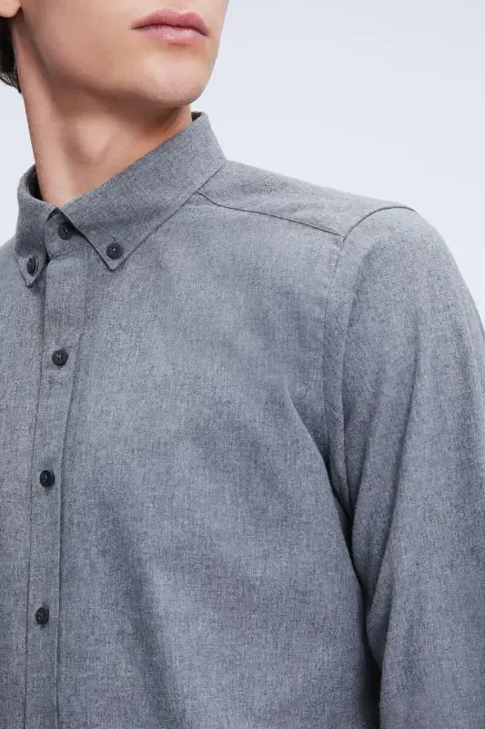 Gray Slim Fit Long Sleeve Button-Down Collar Cotton Shirt-Gray - 4