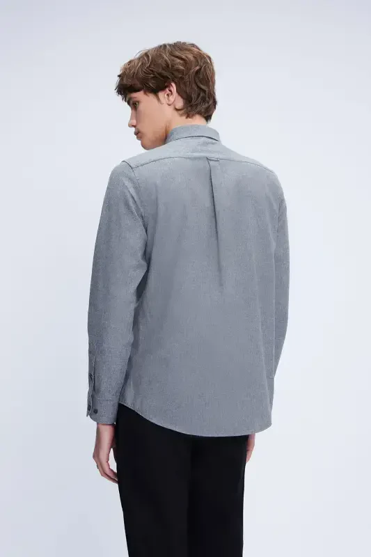 Gray Slim Fit Long Sleeve Button-Down Collar Cotton Shirt-Gray - 5