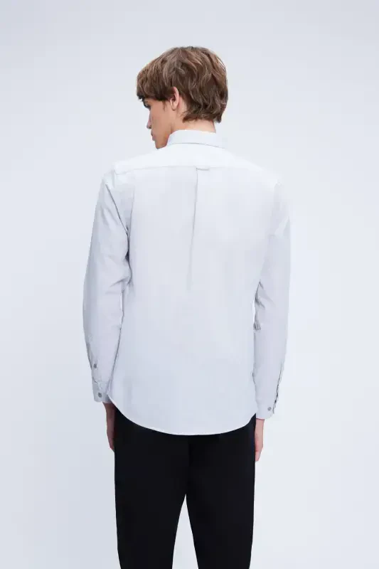 Gray Slim Fit Long Sleeve Button-Down Cotton Shirt - HATEMOĞLU