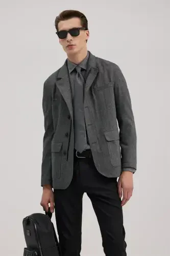 Gray Slim Fit Mandarin Collar Snap Jacket - 2