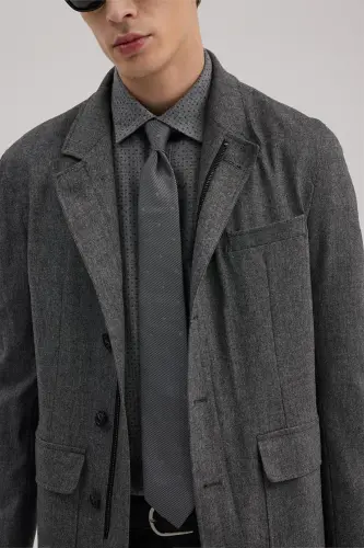 Gray Slim Fit Mandarin Collar Snap Jacket - 3