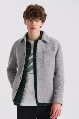 Gray Slim Fit Mao Collar Woolen Cashmere Coat - JAKAMEN (1)