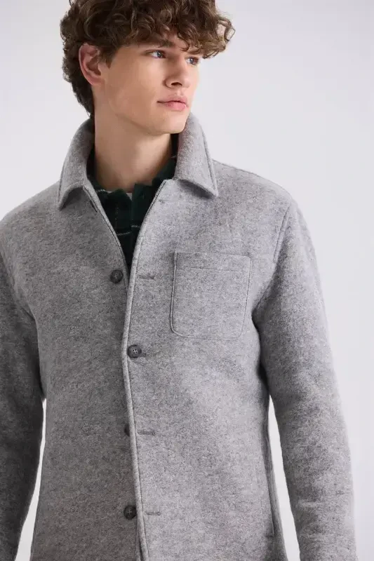 Gray Slim Fit Mao Collar Woolen Cashmere Coat - 3