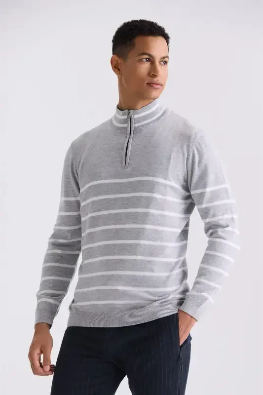 Gray Slim Fit Mock Neck Sweater - JAKAMEN