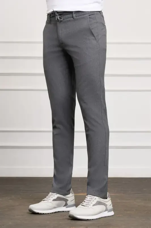 Gray Slim Fit Narrow Cut Side Pocket Lace-Up Jogger Men's Pants-Gray - 2