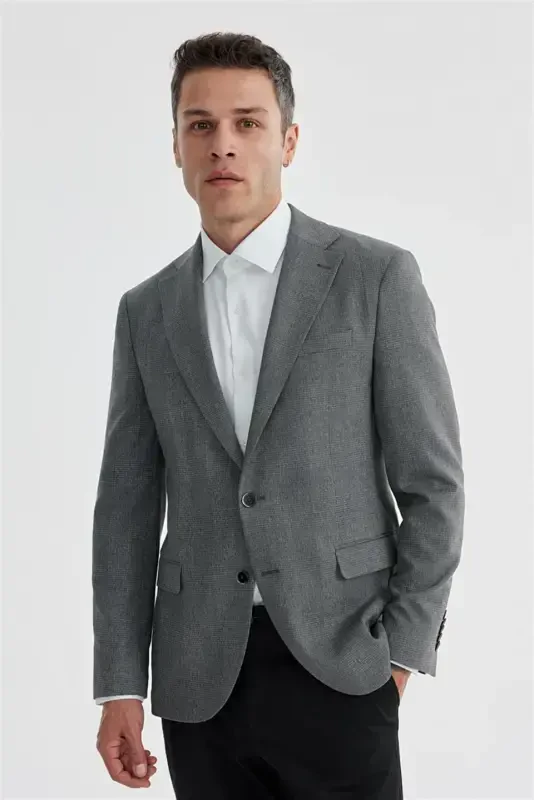 Gray Slim Fit Plaid Double Vented Jacket - 2