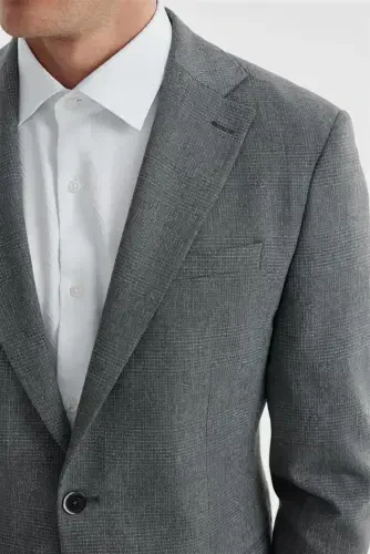 Gray Slim Fit Plaid Double Vented Jacket - 3