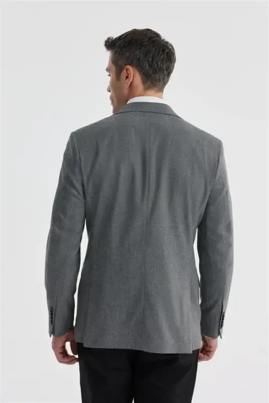 Gray Slim Fit Plaid Double Vented Jacket - 4