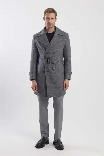 Gray Slim Fit Sailor Collar Plaid Wool Coat - 1