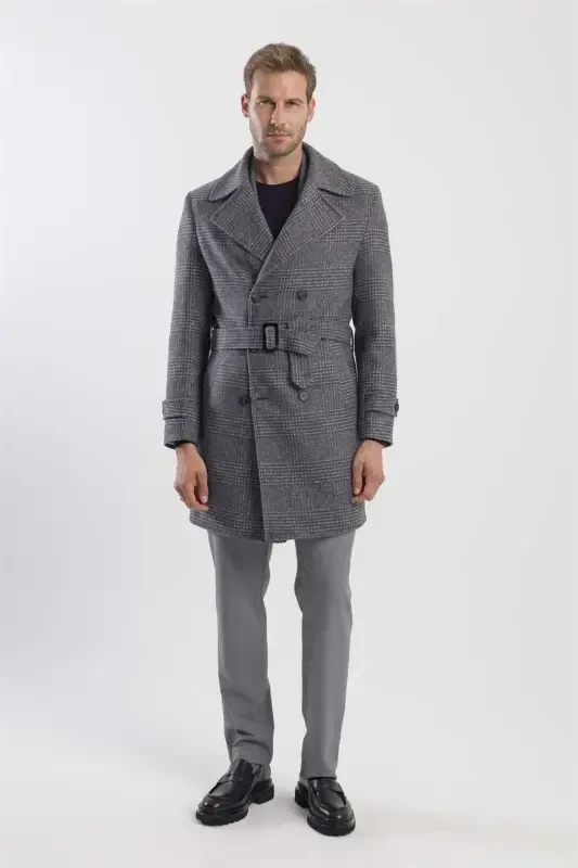 Gray Slim Fit Sailor Collar Plaid Wool Coat - 1