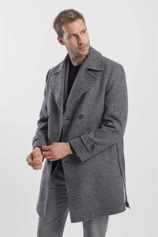 Gray Slim Fit Sailor Collar Plaid Wool Coat - 2