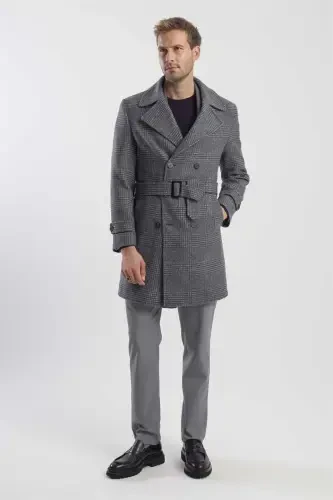 Gray Slim Fit Sailor Collar Plaid Wool Coat - 3